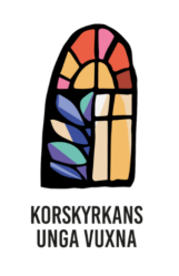 Korskyrkans unga vuxna logotyp: kyrkfönster i bågstil med färgglada rutor.